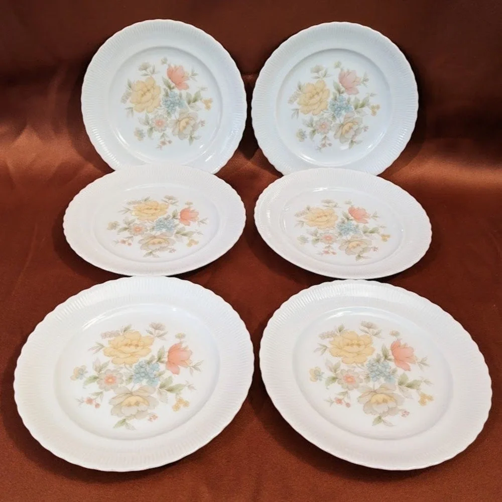 Vintage Ichiyama Toen Japan Floral Porcelain Bread Plates Set of 6 Ribbed Edge